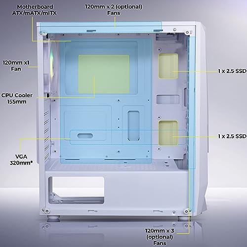 Image of ZEBRONICS AGOJIE Mid-Tower Premium Gaming Cabinet - ATX /M-ATX /M-ITX, 1 x 120 mm RGB Inner Glow Rear Fan, LED Strip with Control Switch, Tempered Glass Side Panel, USB 3.0, USB 2.0 (White)