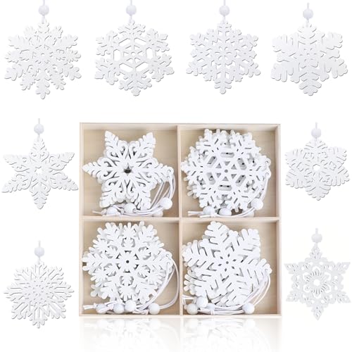 White Wooden Snowflakes Ornaments Christmas Wood Snowflake for Crafts Hanging Decorations Christmastree Decoration Table Scape or Centerpiece Craft Project for Wreath Winter Scene (16)