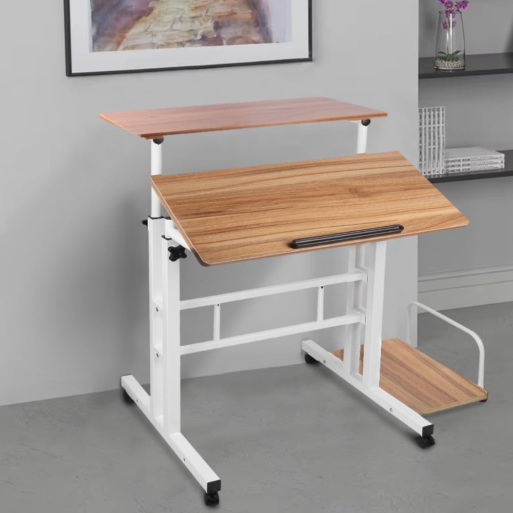 SDdPulse Dunkles Eichenholz, tavolo mobile per computer regolabile in altezza, con ruote, per camera da letto e soggiorno, 82 x 60 x 67-117 cm