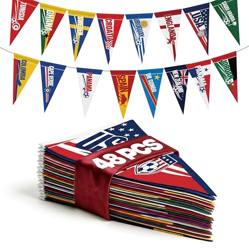 2026 World Cup Country Flag Pennants 48Pcs (10x23cm) Triangle Flags Polyester rope 15m - Soccer Nations Flags Bunting Pennant for Party Decorations for Tournaments Garden Streets & Pub Bar