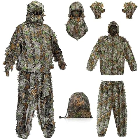 Ghillie Suit Outdoor Leafy Suit for Hunting Super Lightweight Hooded Camouflage Including Clothes Gloves Face Mask and Bag Cover