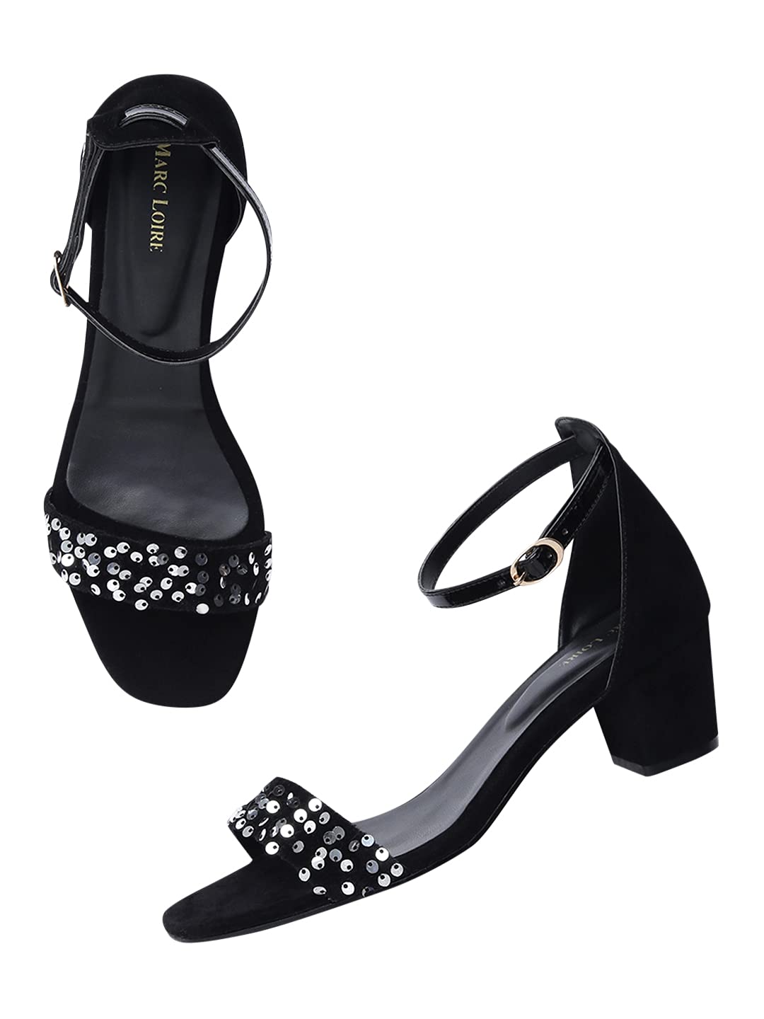 Marc Loire Women's Slip On Black Sequence Block Heel Fashion Sandal for Casual, Outdoor, Party and Holidays