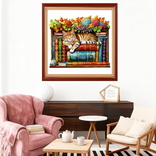 Image of Joyhoor Stamped Cross Stitch Kits for Beginners Needlepoint Kits for Adults Embroidery Kits 11CT Counted Cross Stitch Kits Printed Embroidery Pattern- Bookshelf cat 18x18 inch