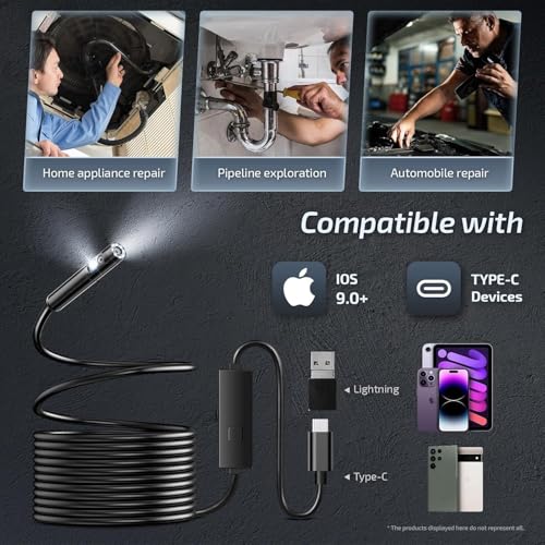 Image of Clefairy Endoscope Camera with Light, Dual-Lens 1280P HD Borescope Tools with 6 Adjustable LED Lights, 16.4FT Semi-Rigid Snake Cord IP67 Waterproof Inspection Camera for iPhone, iPad and Android Phone