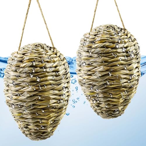 2 PCS Woven Reed Crochet Wasp Nest Decoy 10×4 Inch Waterproof Fake Hornet Nest Decoy Artificial Faux Hanging Hornets Hive Nest Decoration Wasp Repellentt for Outdoor Garden Patio Farm Eaves Yard Home