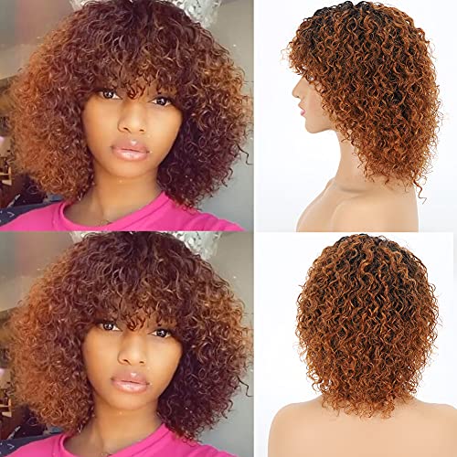 ESSVIGANT Curly Wave Human Hair Wigs with Bangs for Women Ombre Human Hair Wigs 10A Virgin Human Hair 150% Density 1b/30