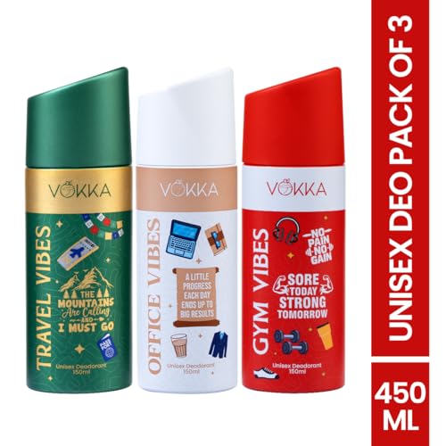 Image of Vokka Vibes Deodorant Combo Pack 450ml - 150ml x 3 | Gym Vibes, Office Vibes, Travel Vibes | Unisex Long Lasting Deo for Gym, Office & Travel | Strong & Fresh Fragrance for Men and Women