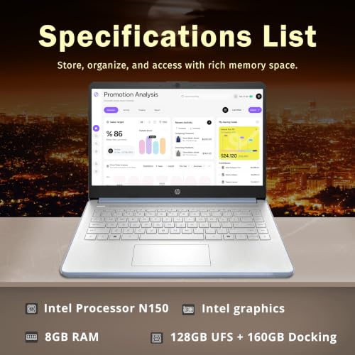Image of HP Stream 14 inch HD Student & Business Laptop, Intel Processor N150, 8GB RAM, 288GB Storage (128GB UFS + 160GB Docking Station), Intel Graphics, 1 Year Office 365, Wi-Fi 6, Win 11, Sky Blue