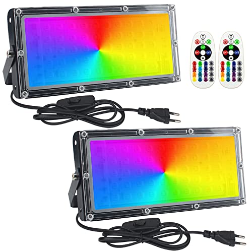 Eleganted RGB LED Floodlight, 2pcs 50W Foco Led Exteriore Impermeable IP65 16 colores y 4 modos Cambio de color Luz de seguridad con Control Remoto,para Jardín, Fiesta, Navidad Iluminación Cover