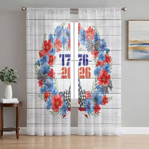 Red Blue Wreath Sheer Curtains