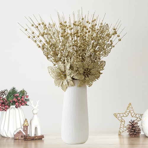 CristBest 24 Pack Christmas Tree Ornaments - Artificial Flowers Glitter Berry Stems Christmas Floral Picks Branches for Xmas Tree Decorations Vase Filler Holiday Wedding Party Home Decor (Gold) - image 4