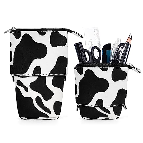 Cute Standing Pencil Case for Kids Pop Up Pencil Box Makeup Pouch Christmas Gift Kids Canvas Pen Holder Organizer Cosmetics Bag Kawaii Stationary (Cow Print)