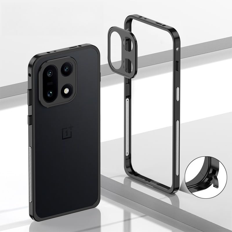 Gruattreay Case Compatible with OnePlus 15, Aluminum Alloy Metal Frame with Lens Camera Cap, Seahorse Buckle Design Anti-Drop Shockproof Bumper Heat Dissipation Cover (Black)