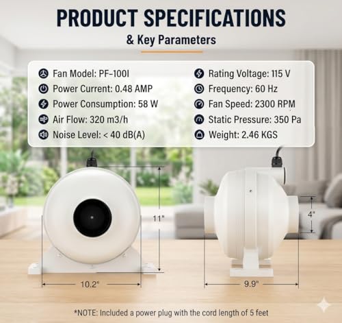 Ventilador de mitigación de radón de 4 pulgadas – Ventilador de conducto en línea silencioso de 190 CFM | Resistente al agua IP67, motor ahorrador de energía, fácil instalación con acoplamientos de goma (4 x 3 pulgadas) e indicador de presión de aire miniatura 6