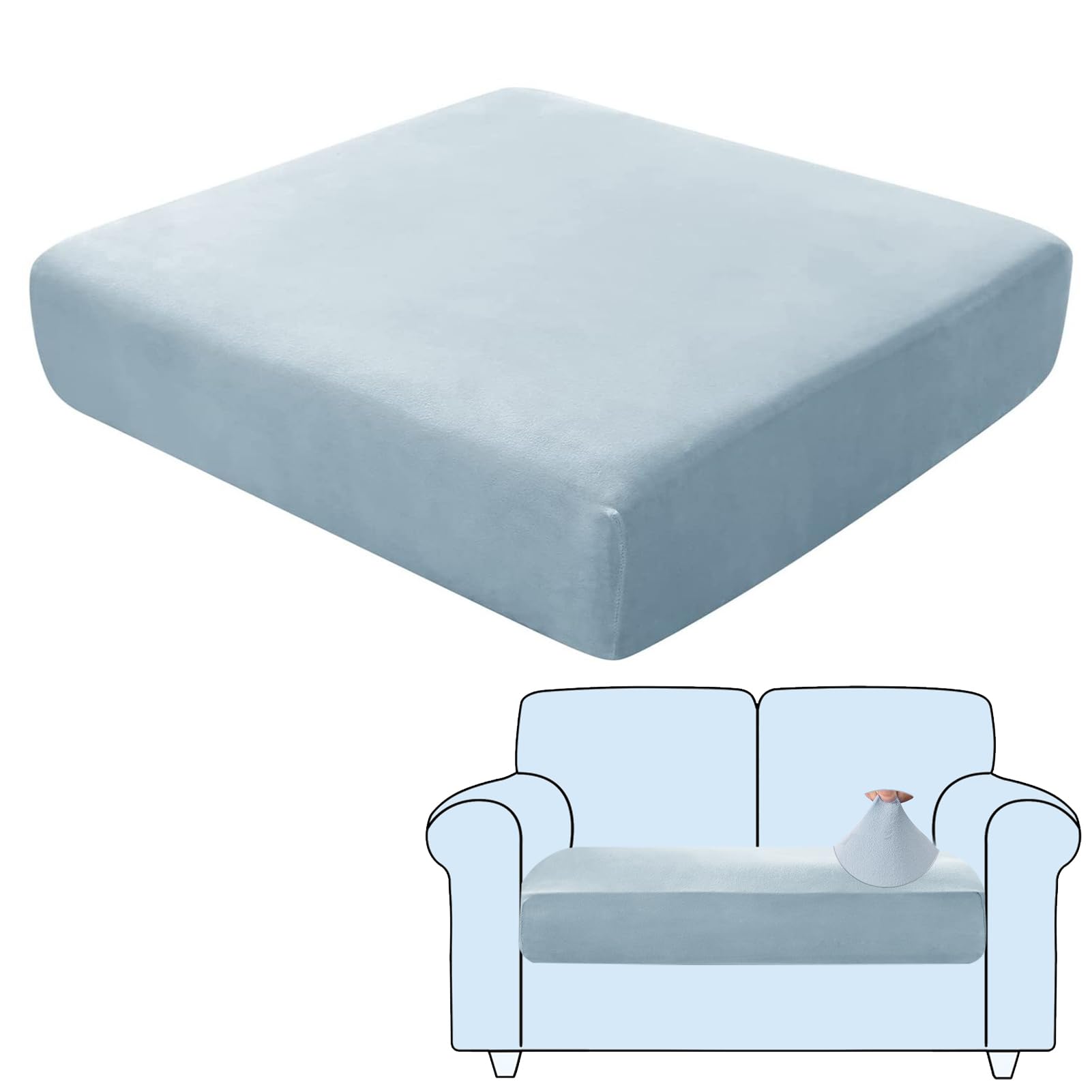 SHUOJIA Sofa Seat Cushion Covers, Stretch Velvet Sofa Cover, Non-Slip Couch Cushion Covers Replacement for Individual Cushion,with Elastic Fabric,Machine Washable (Light Blue,Large-2-Seater)