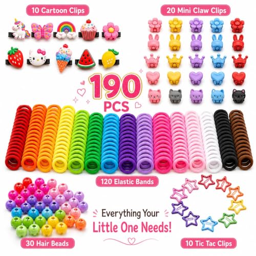 Image of Plutify (190) Pcs Rakshabandhan gift for sister kids Baby Girl Hair Accessories Combo for Kids & Toddlers - 120 Soft Elastic Hair Bands, 10 Cartoon Clips, 20 Mini Claw Clips, 30 Hair Beads ties & 10 Tic Tac Clips | Cute Multicolor Hair Accessories Set for Girls | (0-5 Years)