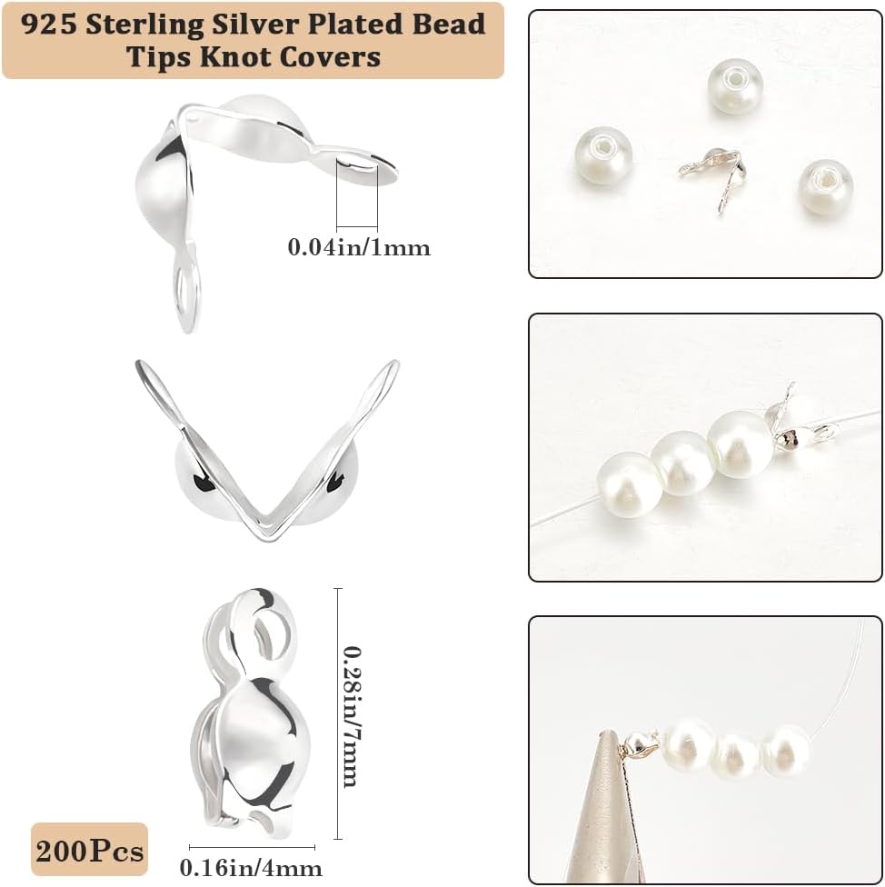 Beebeecraft 1 Box 200Pcs Golden Bead Tips 925 Sterling Silver Plated Brass Bead Tips Knot Covers for Jewelry Making DIY Findings