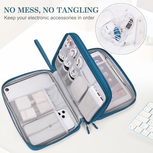 Image of FYY Electronic Organizer, Extra Large Travel Cable Organizer Bag Pouch Portable Waterproof Double Layers All-in-One Storage Bag for iPad, Cable, Power Bank, Laptop Charger for Office /Home, Dark Green