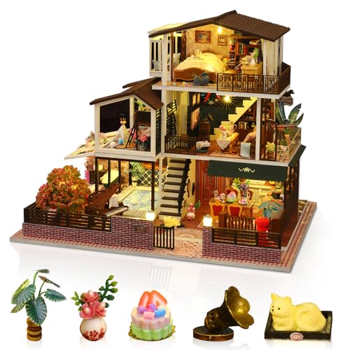 Hallisun DIY Miniature House Kit, Tiny 3D Wooden European Retro Villa, Mini Dollhouse Building Kit with Dustproof Cover & Music Movement, Creative House Craft for Adults, Gift for Family and Friends
