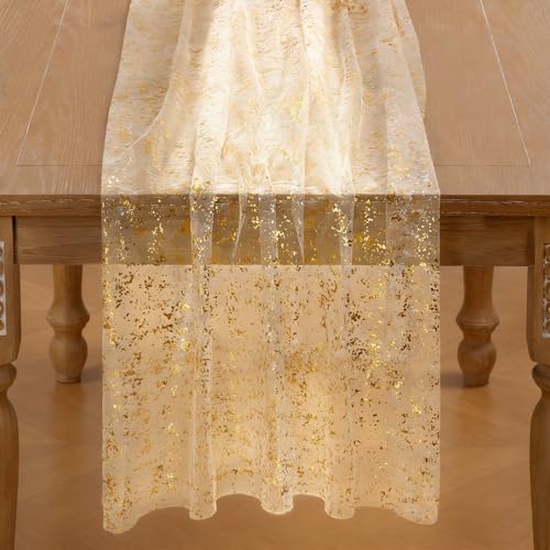 Image of Beige Gold Glitter Table Runner Sheer Gauze Foil Table Runner, 3PC
