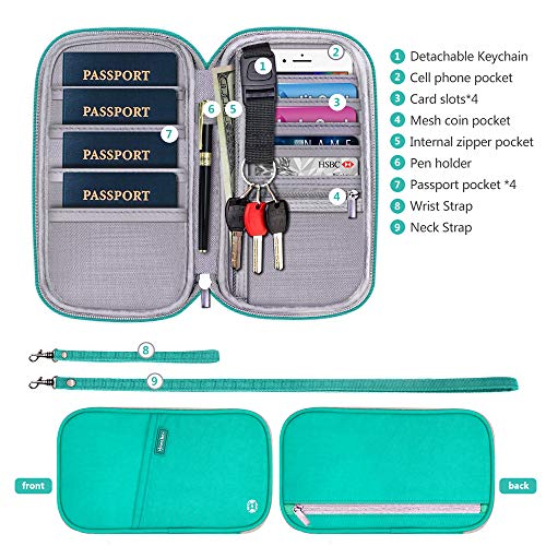 Image of RFID Family Passport Wallet Holder Waterproof, Travel Document Organizer Credit Card Clutch Bag for Men Women, RFID LakeGreen, One Size, Classic