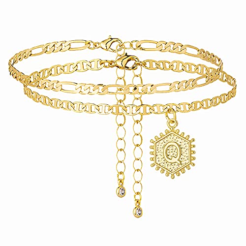 Initial Ankle Bracelets for Women Men, 18K Gold Silver Figaro Cuban Link Anklet Bracelet for Women Teen Girls, Custom Name Gold Anklet with Initials