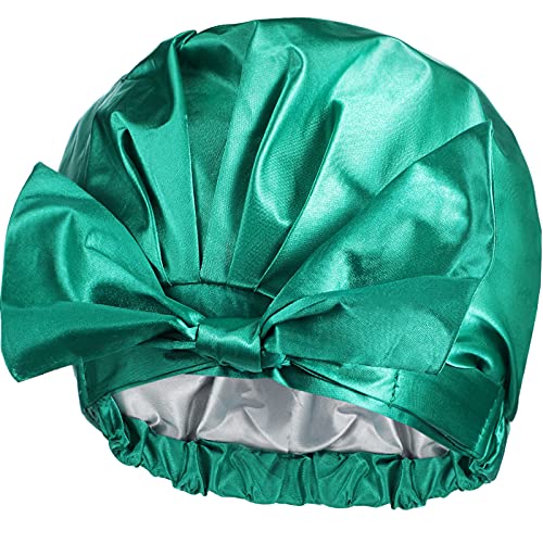 Extra Large Shower Cap, Silky Satin Lined Shower Cap with Waterproof Nylon Out Layer Bowknot Double Layer Reusable Bath Hair Caps for Women Beauty Bathing, Hair Spa (Cyan)