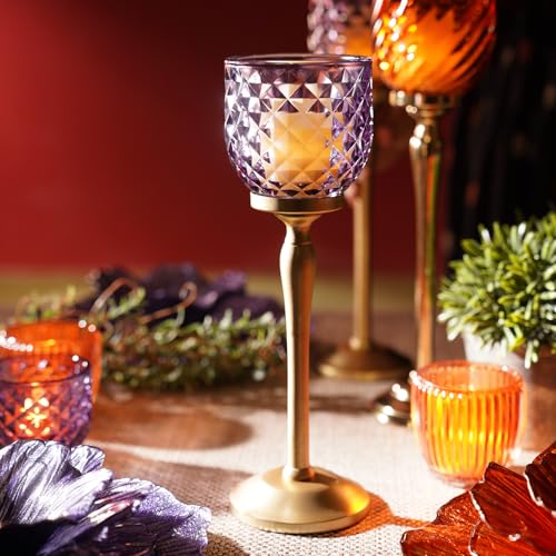 Image of Pure Home + Living Purple Diamond Cut Hurricane - Small Candle Holders for Home Decor with Glass Hurricane, Dining Table Decor, Candle Holder, Decorative Candle Stands for Home Decor
