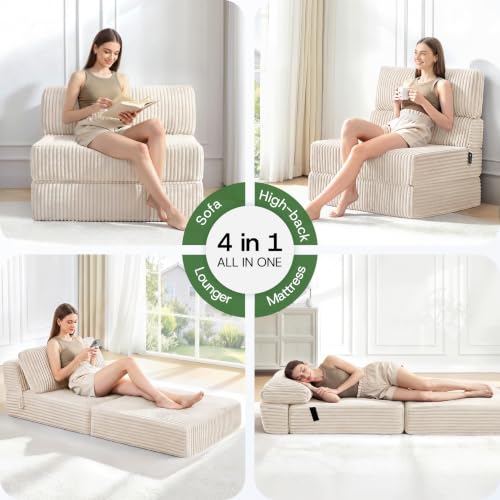 Image of Folding Sofa Bed Convertible 4 in 1 Sleeper Chair Beige Twin XL