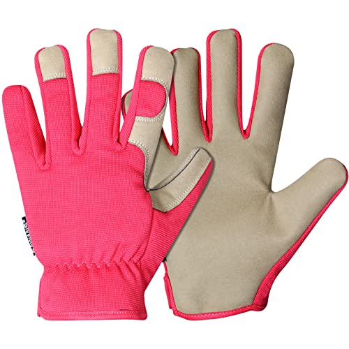 Gants de jardinage en cuir résistant aux rayures au niveau de la paume et du dos en élasthanne - dextérité et respirabilité maximales pour élaguer les roses et les plantes - Gants de travail (L, rose) Cover