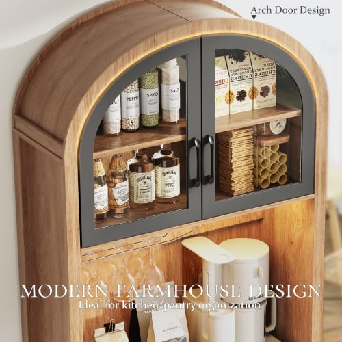 Image of 75 inch Arched Kitchen Pantry Cabinet with Charging Station & LED Light, Tall Coffee Bar Liquor Cabinet, Modern Kitchen Hutch with Microwave Stand & Adjustable Shelf for Dining Room