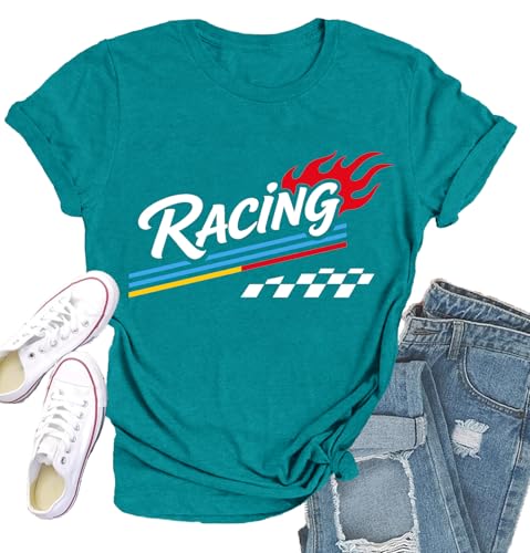 Qskall Racing Shirts for Women Race Day T Shirt Racing Plaid Tee Tops Cyan