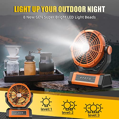 Wavmill Portable Rechargeable Fan - 10000Mah 9-Inch Camping Fan With Light & Hook For Tent, Outdoor - Usb Battery Powered Fan For Picnic, Bbq, Fishing, Travel, Hurricane, Jobsite #TOP6