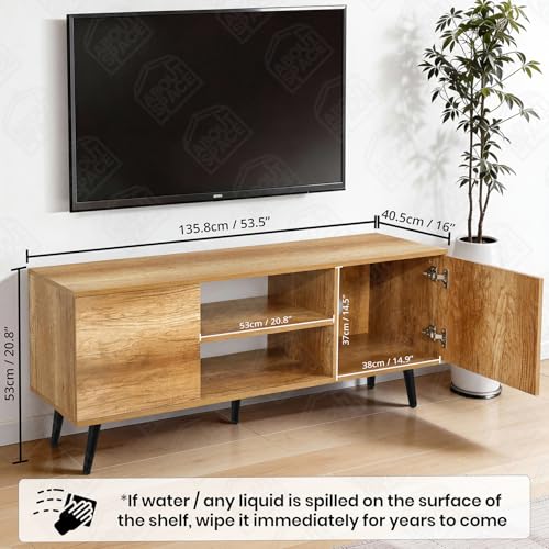 Image of ABOUT SPACE TV Unit - Engineered Wooden TV Stand Table with Bottom Open Storage, Adjustable Shelves & 2 Closed Cabinets for Set Top Box WiFi Router Stand (CM Oak - L 136 x B 40.5 x H 53 cm)
