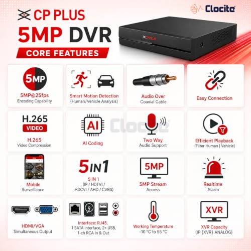 Image of CP Plus 5MP 4 Channel DVR, 5MP 1 Dome & 1 Bullet Cameras (Audio Recording) [Night Vision + Built-in MIC Audio + Crystal IR LEDs + Motion Detection] + 500GB HDD + 4 CH SMPS + CCTV Cable + BNC /DC