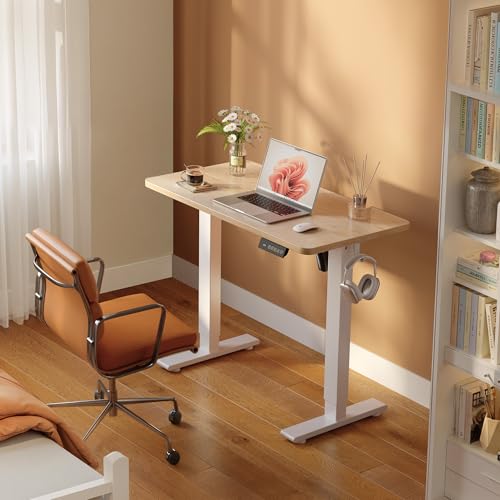 Image of FEZIBO Small Standing Desk, 32 x 19 Inches Electric Height Adjustable, Sit and Stand Up, Computer Office Desk with Splice Board, White Frame /Maple Top