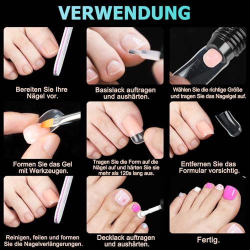 Kiiwah 150 Stück Polygel Nagelformen für Zehen, Dual Tips Nägel Lang für Pediküre Nagelverlängerung Zehennägel Set Wiederverwendbar Form, 15 Größen (Transparent)