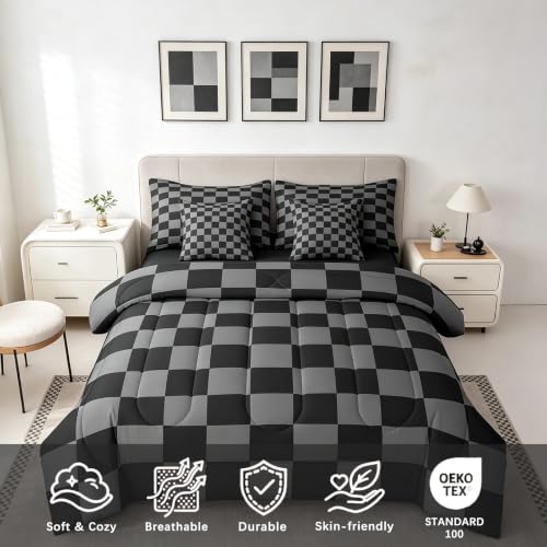Image of Checkered Retro Comforter Set King Size 7 Pieces Black Grey Plaid Bedding Set for Kids Boys Girls Geometric Vintage Bed in a Bag Modern Simple Groovy Aesthetic Bedroom Decor Quilted Lightweight