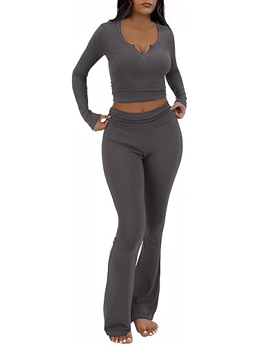 FAIRY SEASON Womens 2 Piece Lounge Sets Slim Fit V Neck Long Sleeve Top Fold Over Yoga Flare Pants Pajamas Loungewear Outfits - Deep Gray - Medium