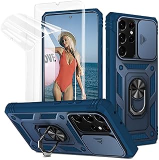 Jeylly Galaxy S21 Ultra Case with [2 Pack] Screen Protector, Samsung S21 Ultra 5G Case with Kickstand & Slide Camera Cover, Hybrid Hard PC + Soft TPU Shockproof Drop Protection Case Cover, Blue