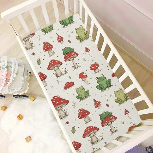 Image of Retro Frogs Mushrooms Crib Sheets Soft Breathable Fitted Baby Crib Sheets Mattress Cover for Girls Boys, 52 inch x 28 inch x 9 inch