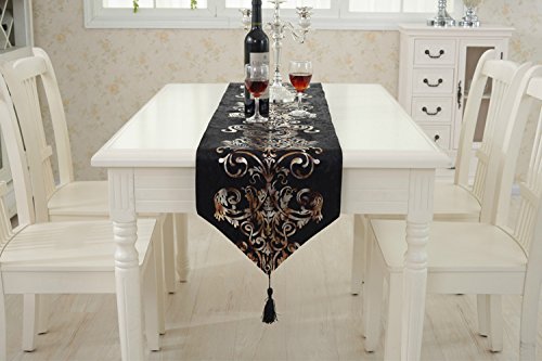 Prior.choice Elegant Luxury Shiny Black Velvet Damask Deco Tassels Wedding Party Hotel Restaurant Bed Table Runner Cloth (13Inch X 82Inch) #TOP4