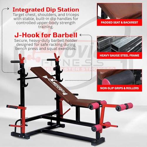 Image of TITAN-X 8-in-1 Pro Multifunction Adjustable Gym Bench with Barbell Rack & Leg Extension - Heavy Duty 2x2 Inch Frame, Incline /Flat /Decline Workout Bench for Home Gym Strength Training Home workout setup, Gym bench, (350 KG Capacity) ( jaguar Pipe use this machin, made by 2 /2 havy duty pipe )
