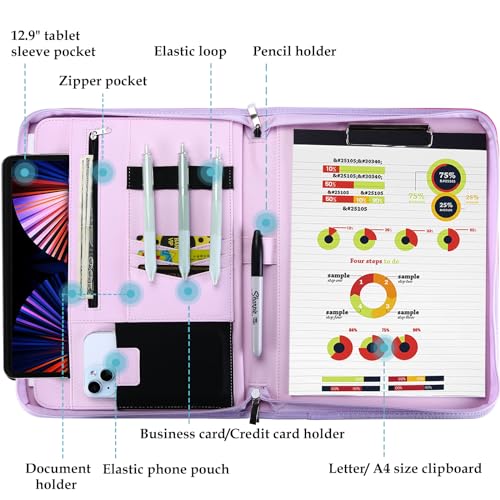 Image of ProCase Portfolio Business Padfolio Folder with Zipper -Purple | Conference Meeting Executive File Legal Document Organizer with Pockets Letter Size A9 Writing Pad Notepad Padfolio