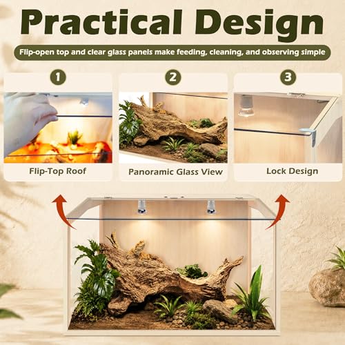 Image of PROLEE Bearded Dragon Tank, Lizard Tank with Clear Tempered Glass, Anti-Scratch Reptile Enclosure, Reptile Tank Built-in Light Fixtures with Switch (24X16X16inch,24 Gallon)