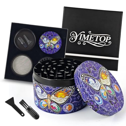 YIMETOP Grinder Große Crusher 63 mm Grinder Baum-Design Gewürzmühle Pollen Grinders Metall 4-teiliges Set für Spice Gewürze (D Lila Schmetterling)