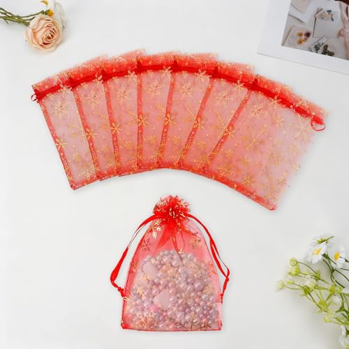 Image of Snowflake Organza Bags, 50 PCS Christmas Sheer Organza Bags with Drawstring 4 x 6 inch, Jewelry Gift Bag, Red Small Mesh Goodies Xmas Wedding Favor Mini Candy Pouches Bag for Christmas Party Favors