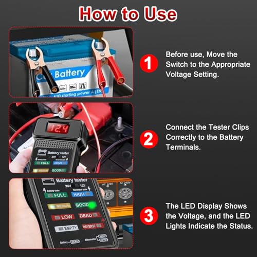 Image of TecoKart 12 /24V Battery Tester with LED Display | Car Battery Health Checker Device with Overvoltage Protection for Automotive, Truck