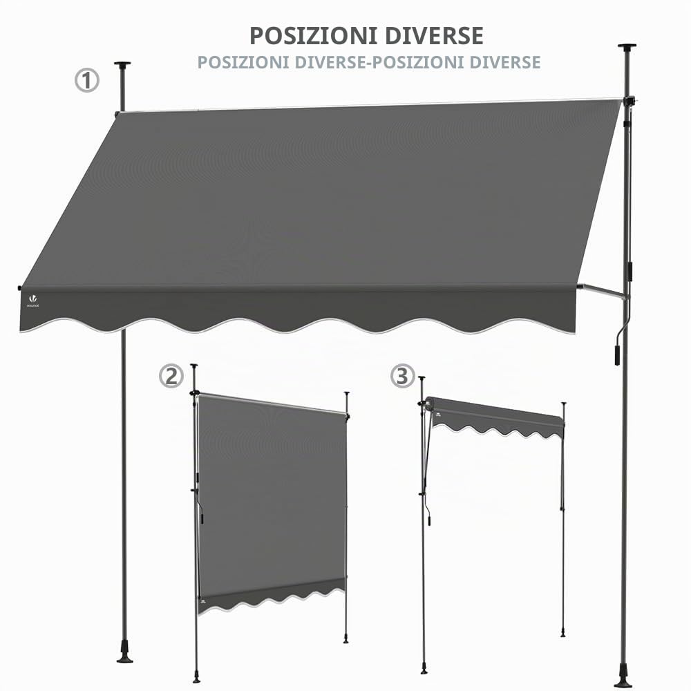 VOUNOT® Tenda da Sole Avvolgibile, Tendalino Parasole Retrattile Manuale Regolabile in Altezza con Manovella per Balcone Giardino Esterno, 200x120x210-300 cm, Grigio