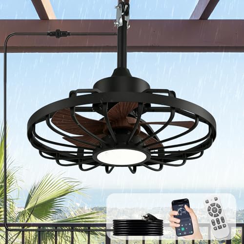 Depuley Outdoor Ceiling Fan with Light: 20' Outdoor Hanging Gazebo Fans with Lights and Remote App Control - Waterproof Plug in Caged Fan for Patio Pergola Porch Canopy Black Walnut
